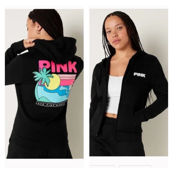 NWT Victoria’s Secret PINK Black Fleece Tropical Zip Hoodie, XXL - Picture 8 of 11